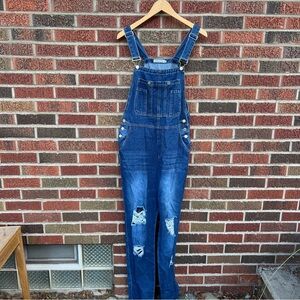 Miss Look Navy Blue Distressed Washed Overall Denim Jumpsuit